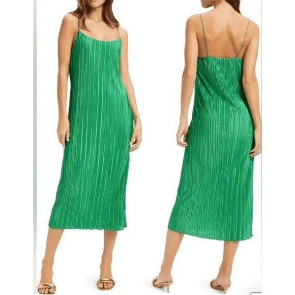 Good American Always Fits Green Plisse Slip Dress size 3-4 Midi pleat MSRP $140 - Picture 1 of 11